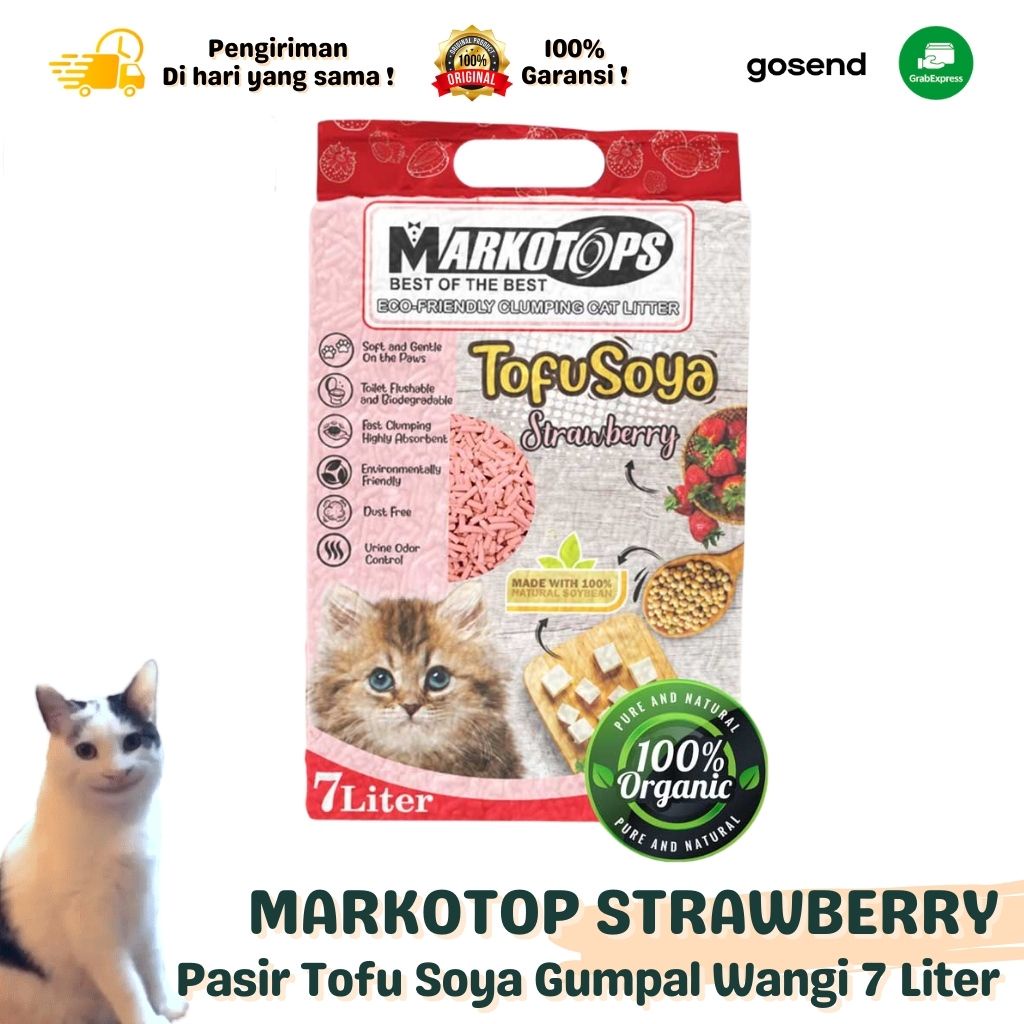 Pasir Kucing Premium Organik Markotops Tofu Soya STRAWBERRY 7 Liter