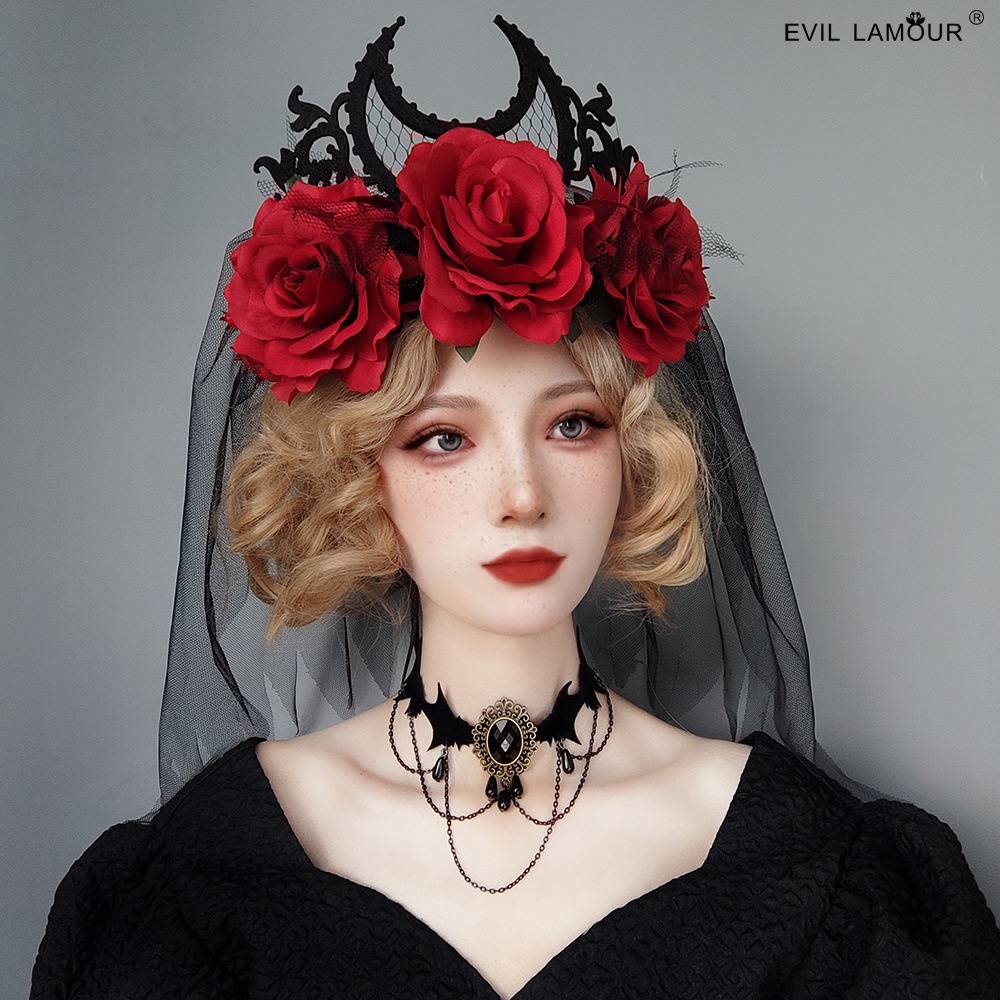 Halloween Gothic Red Rose Crown with Veil 8709