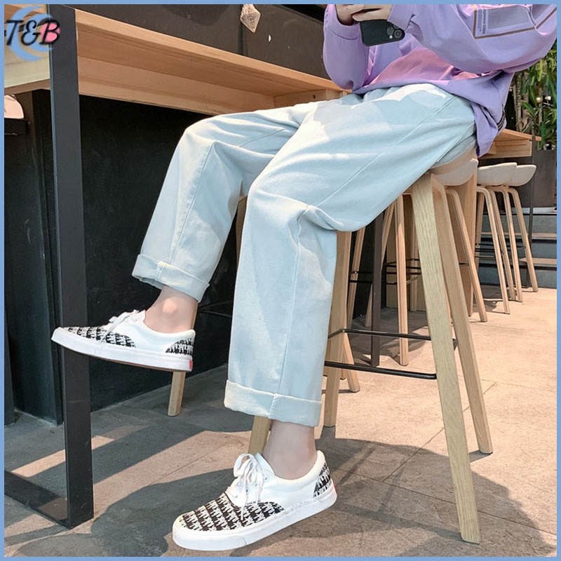 Celana jeans pria celana panjang pria korean style celana jeans cowok kulot jeans jumbo outfit korean style Celana gombrong pria Standar straight Jeans biru putih