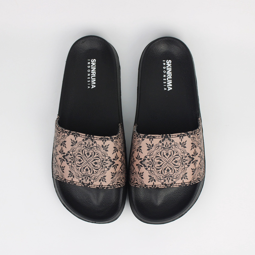 Sendal Slop Pria Wanita SKINRUMA Motif Batik Kembang Hitam Coklat / Slip On Pria / Slide Pria / Sendal Cowok