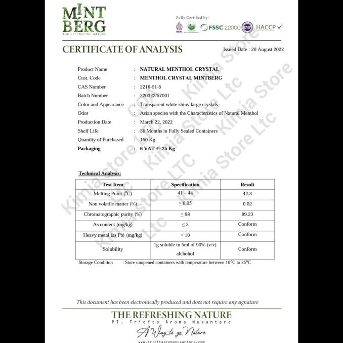 

Menthol Crystal / Kristal Mentol ( Food Grade) bir08
