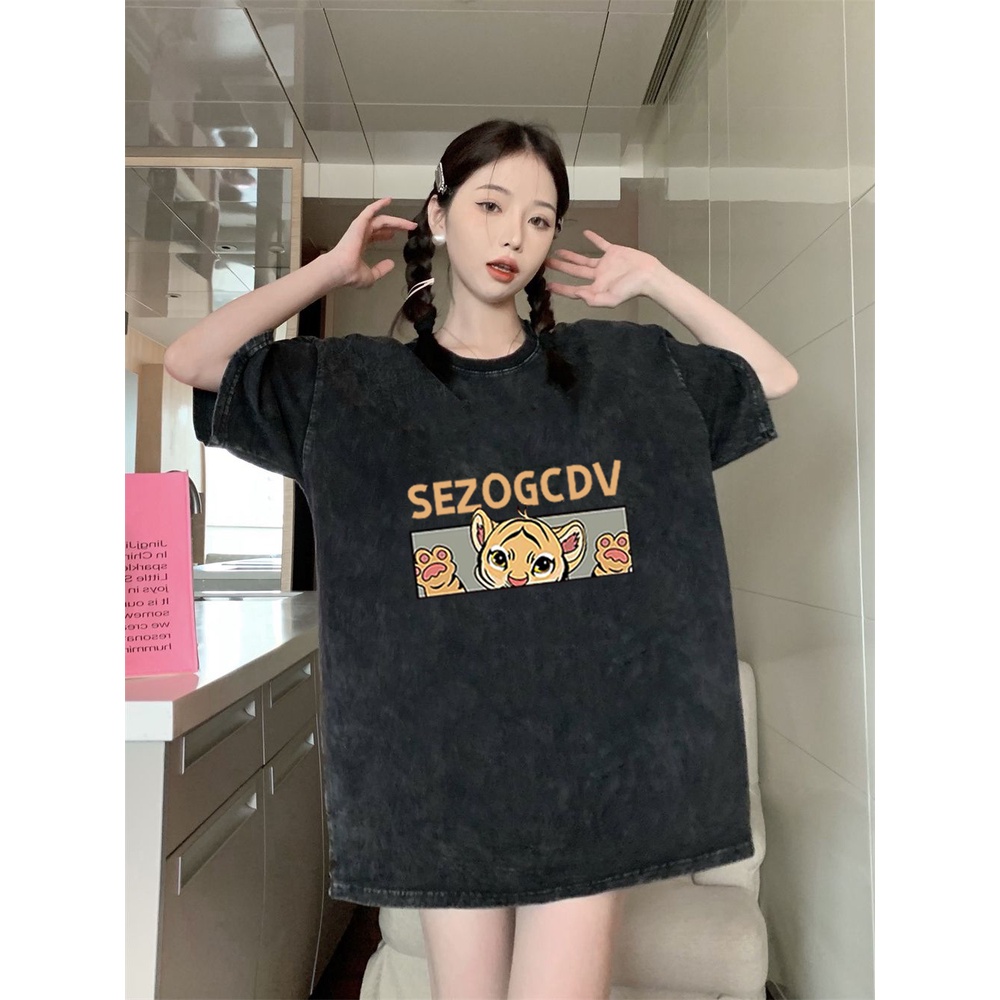 XIAOZHAINV Korean Style Tiger Hitam Pattern Washed Printing Kaos Wanita A0213