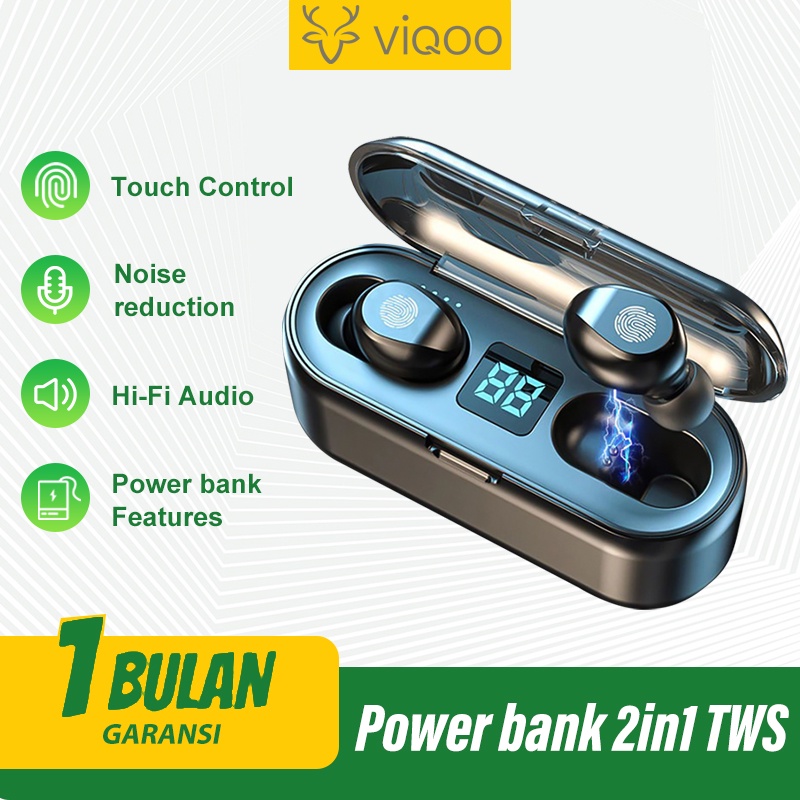 【COD】Viqoo TWS T25 Headset Bluetooth Headset Wireless Earphone Earpods Nirkabel dengan Mikrofon Touch Control Powerbank - F9