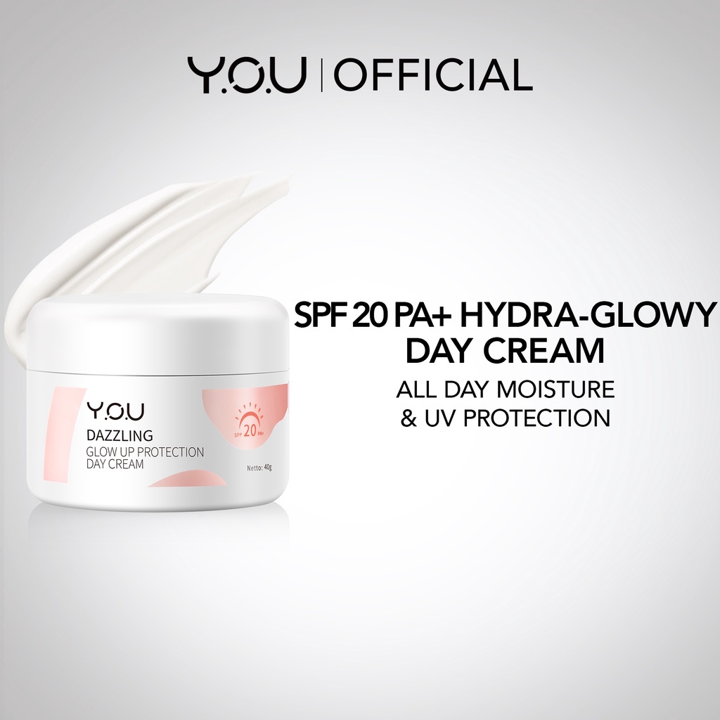 YOU Dazzling Glow Up Protection Day Cream Indonesia / Pelembab Wajah 20g 40g / SPF 20 PA+ / Smooth &amp; Glow Effect / Hydra Glowy All Day Moisture UV / Krim Mencerahkan Sunblock / Skincare Face Care / Y.O.U Series Bundle Facial Foam Toner Night Tone Up Body