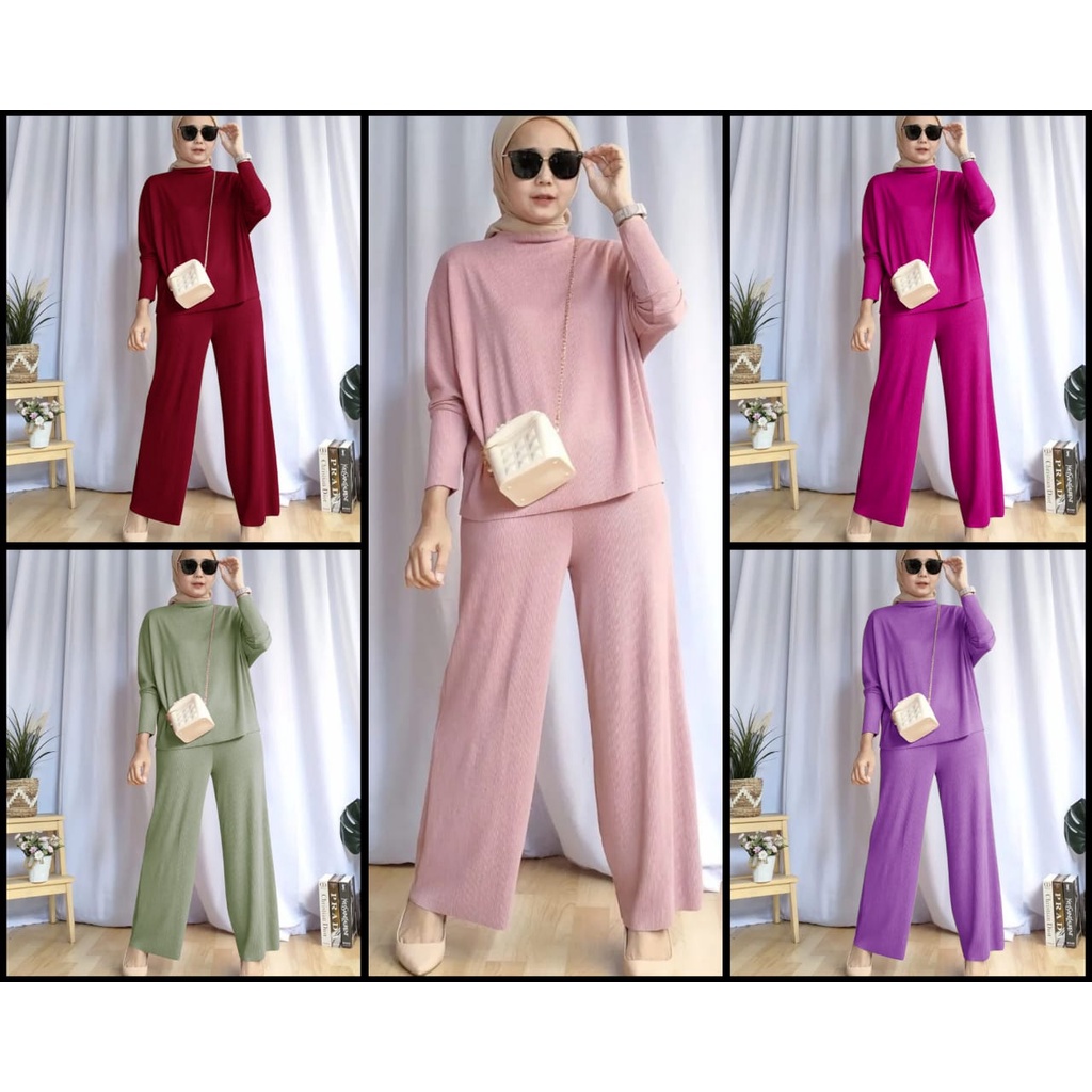 SET ELIVIA FASHION PAKAIAN WANITA SETELAN ATASAN DAN CELANA BAHAN RIB KNIT / RAJUT MR ADA VIDEO REAL PRODUK