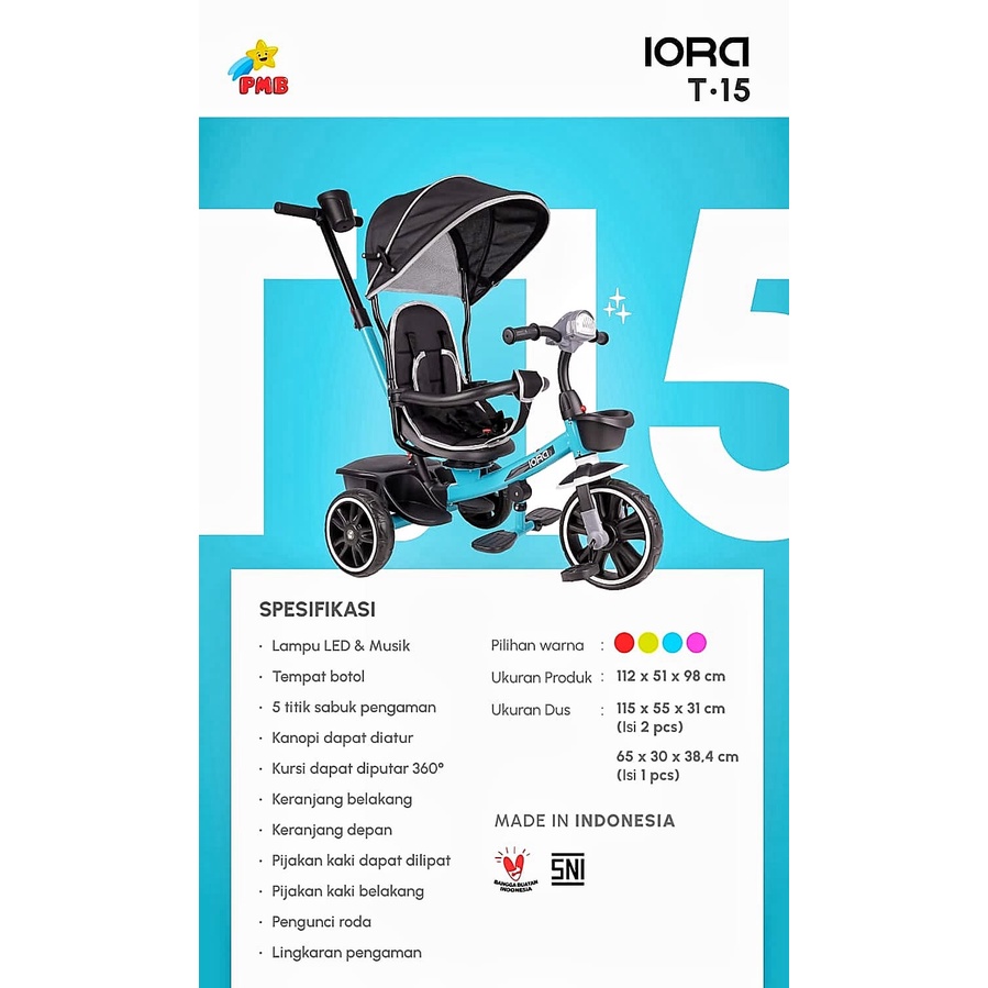 Sepeda Anak Roda 3 Kanopi Baby Tricycle PMB IORA T15 Sepeda Roda Tiga