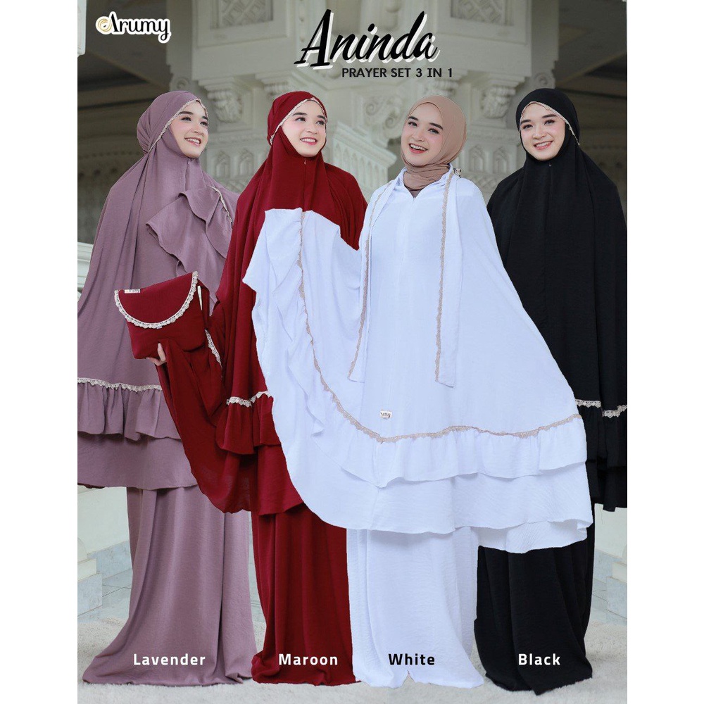 MUKENA CRINKLE AIRFLOW ANINDA BLACK WHITE LAVENDER MAROON SET BY ARUMY PERLENGKAPAN ALAT SHOLAT BUSA