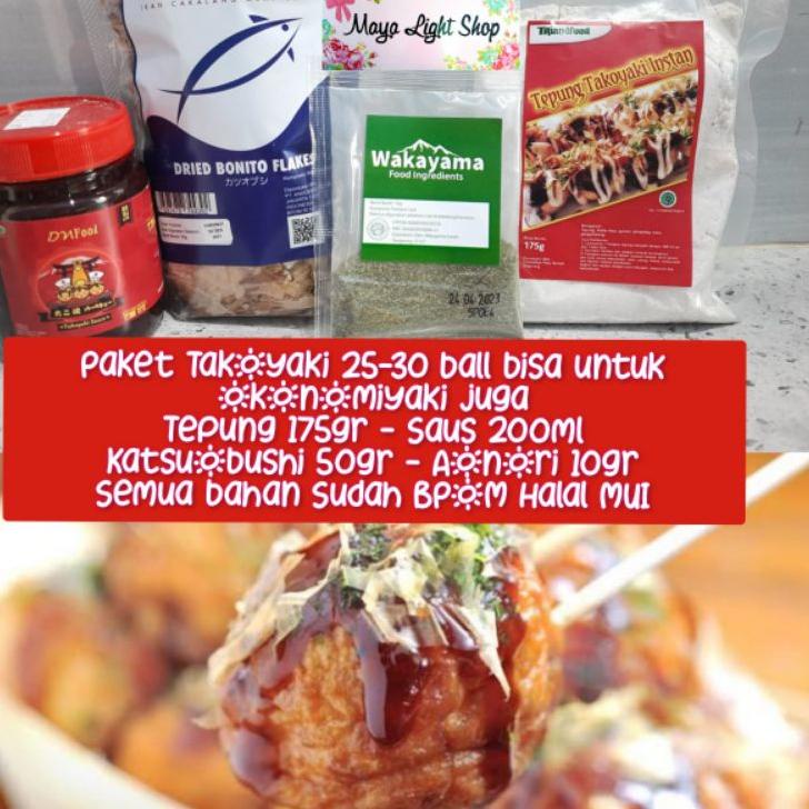 

☋ Paket bahan takoyaki lengkap halal murah tepung premix takoyaki katsuobushi aonori saus takoyaki sauce ➧