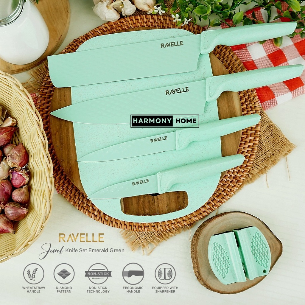 Pisau Set Ravelle - Jewel Knife Set 6in1 RAVELLE Jewel Knife Set 6 in 1 Set Emerald Green - Pisau Dapur Anti Lengket - FREE Talenan -Emerald Green-Non Stick Diamond