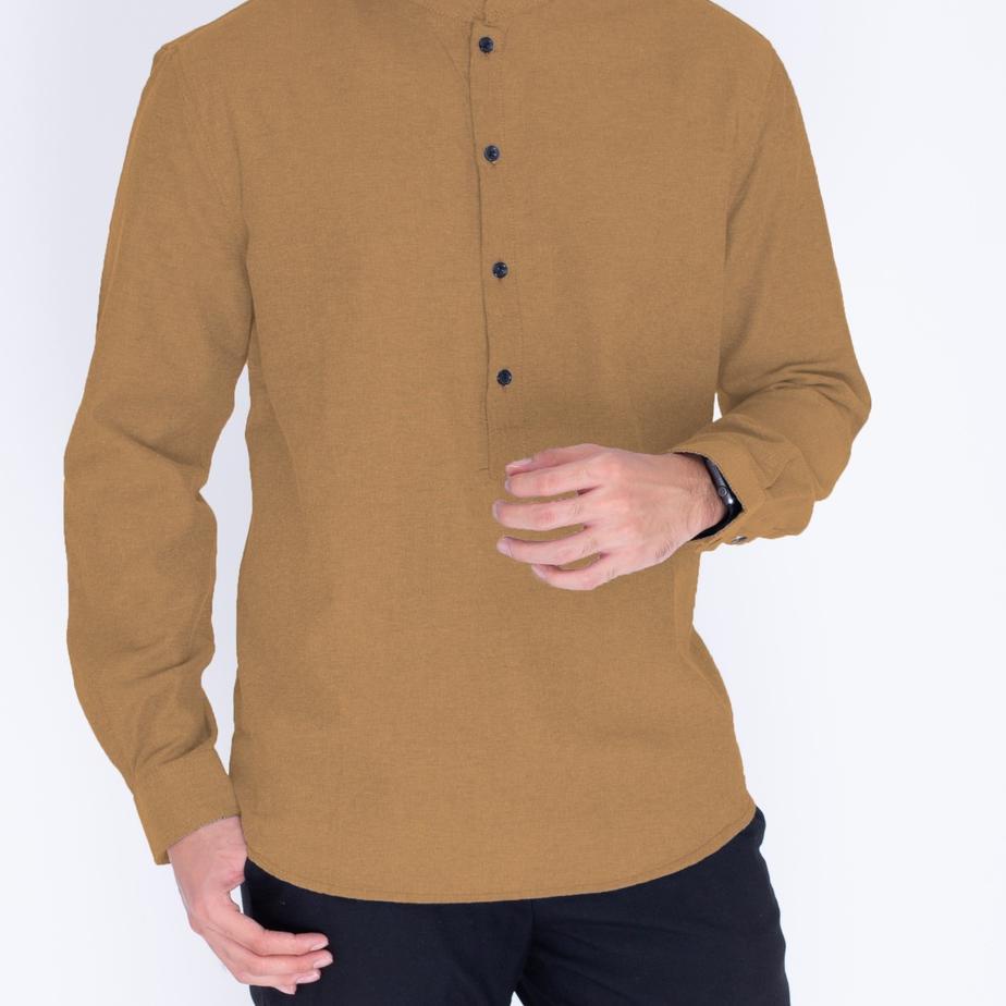 ➶ Koko Kurta Pria Panjang Krem - Baju Muslim Pria Lengan Panjang Krem - Kemeja Pria Lengan Panjang K