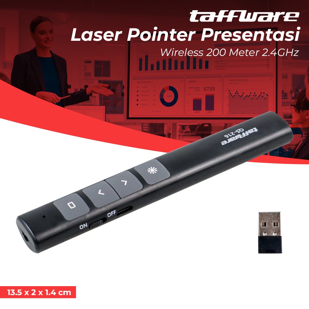 GV8 Taffware Laser Pointer Presentasi Pen Remote Wireless 200 Meter 2.4ghz Qs-216 Black Or-i