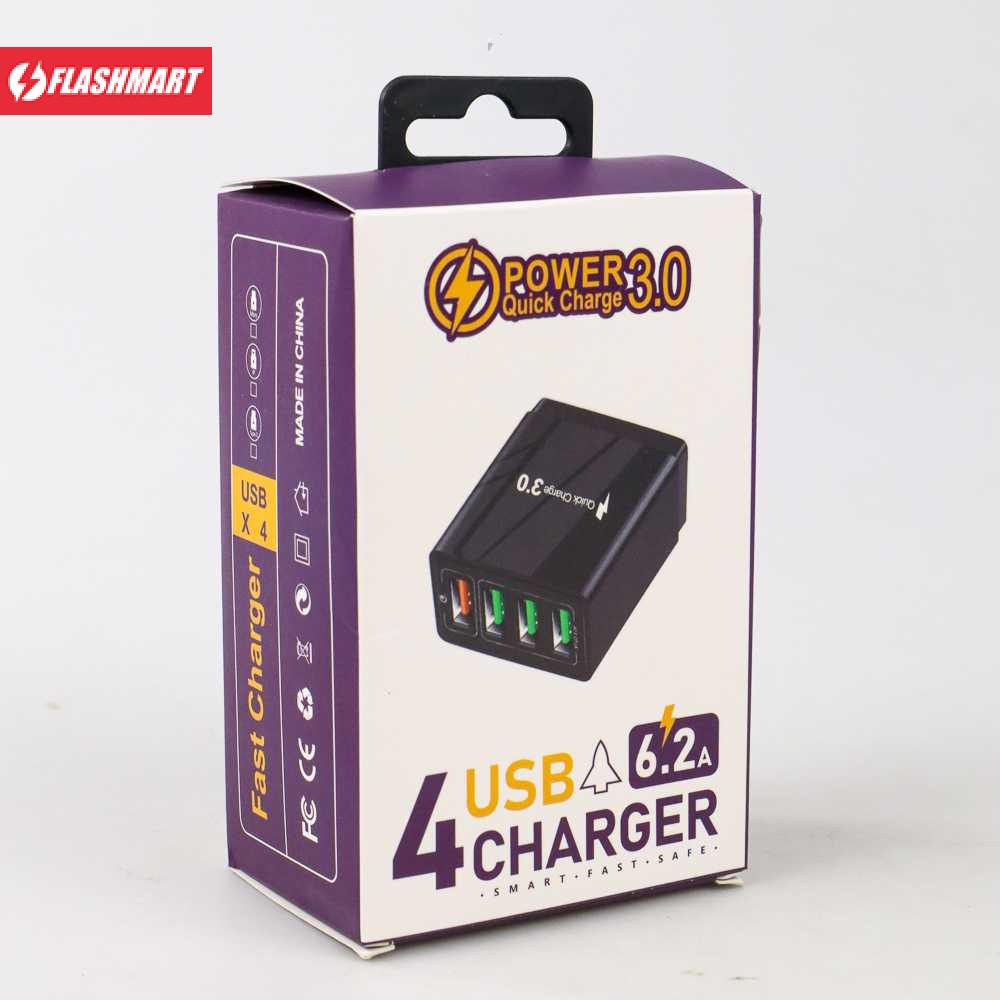 Flashmart Travel Charger USB Fast Charging 4 Port QC3.0 6.2A - BK-376
