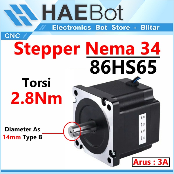 [HAEBOT] Motor Stepper Nema 34 86HS65 2.8Nm 65mm 3A Shaft 14mm CNC Laser Router Plasma Milling High Torque Mesin Robot Induksi Slider Mekanik Bipolar 2 Phase Fasa Coil Dinamo Penggerak