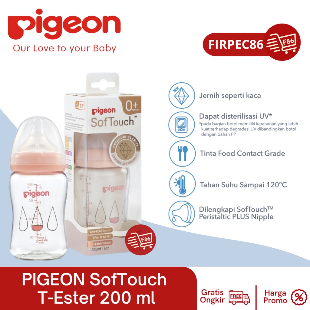 Pigeon SofTouch Peristaltic Plus PP Wide Neck Bottle T-Ester White 0m+ Bulan Botol Susu 200ml