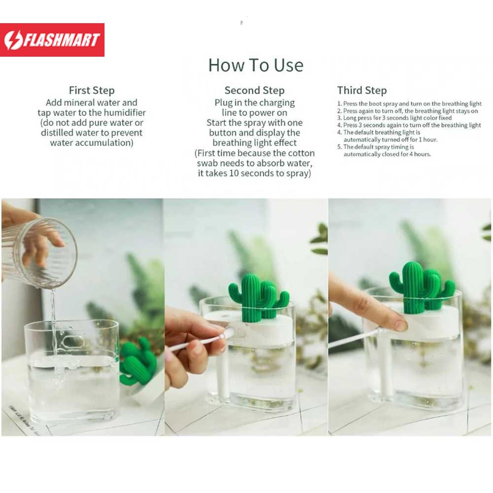 Flashmart Sothing Air Humidifier Ultrasonic Pelembab Udara Desain Kaktus 160ML - 319