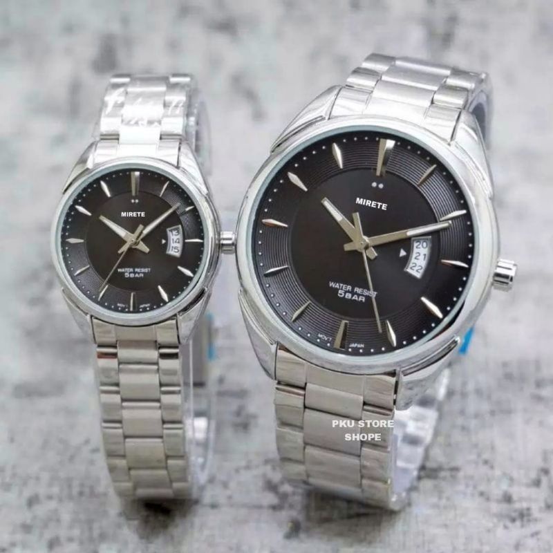 MIRETE ORIGINAL Jam Tanngan Couple Pria Dan Wanita Tahan Air Tanggal Aktif Free Box | Jam Tangan Kasual Analog Pria Dan Wanita Strap Rantai Stainless Steel Mewah Elegan Sporty Quartz Realpict Dijamin Sesuai Foto