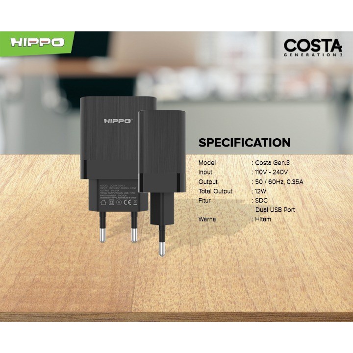 Hippo Costa Gen 3 Adaptor Charger dual USB 2.4 A Smart Detect Charging