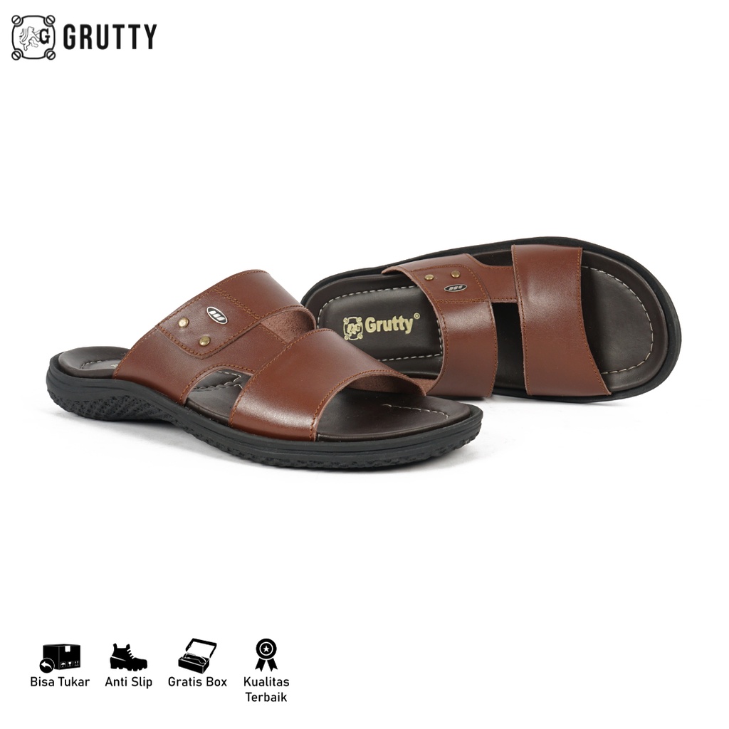 GRUTTY Sandal Pria Sendal Slide Kulit Asli Coklat 232