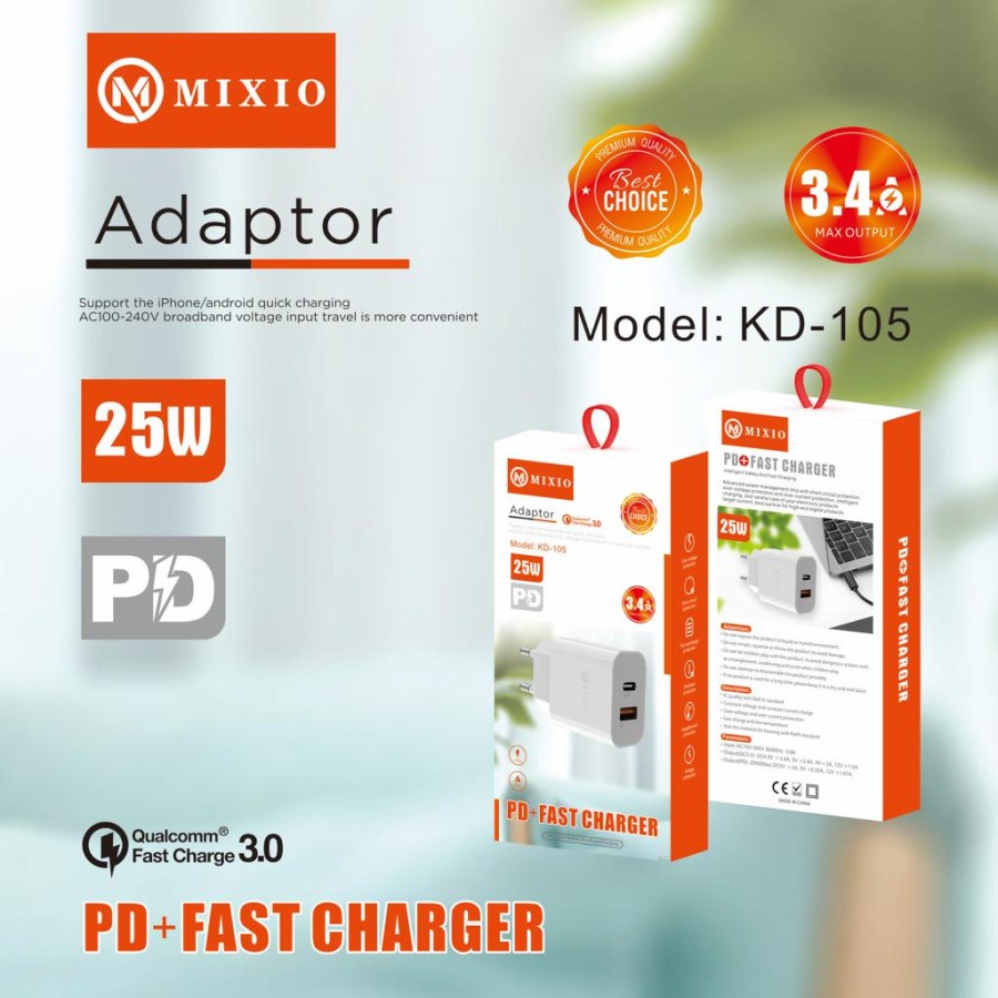 MIXIO - KD-105 USB + TYPE C Adaptor PD + FAST CHARGER 3.4A - 25W