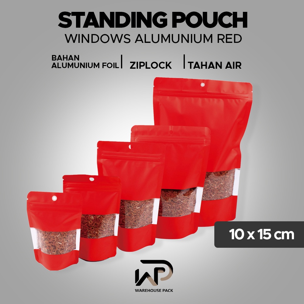 ( 10 Pcs ) Standing Pouch Alumunium Windows Merah 10 x 15 | Kemasan Serbaguna | Kemasan Ziplock