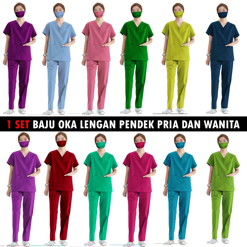 Baju Oka Perawat - Seragam Kerja Medis - Baju OK Lengan Pendek - Scrub Oka - Baju Jaga Dokter Bidan - Bahan American Drill - Promo