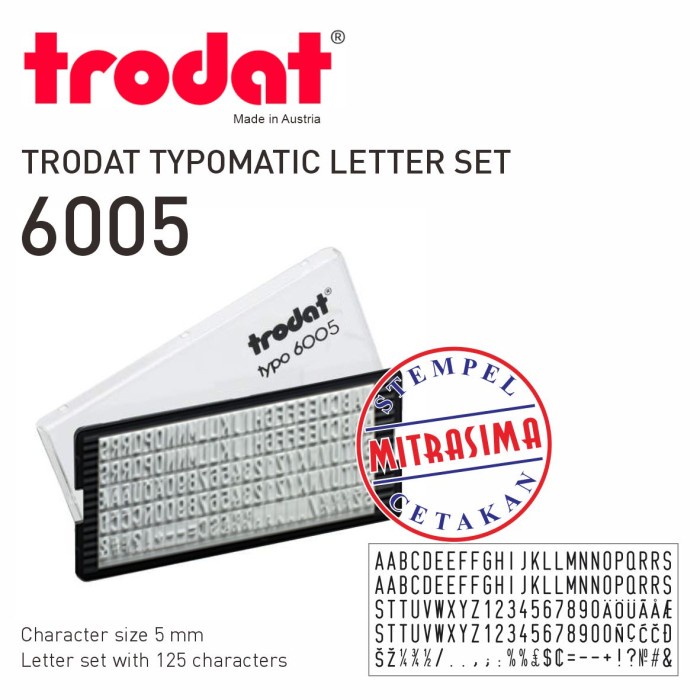 

Terlaris Trodat 6005 ( Typomatic Letter Set - Huruf, Angka Untuk Stempel Typo )