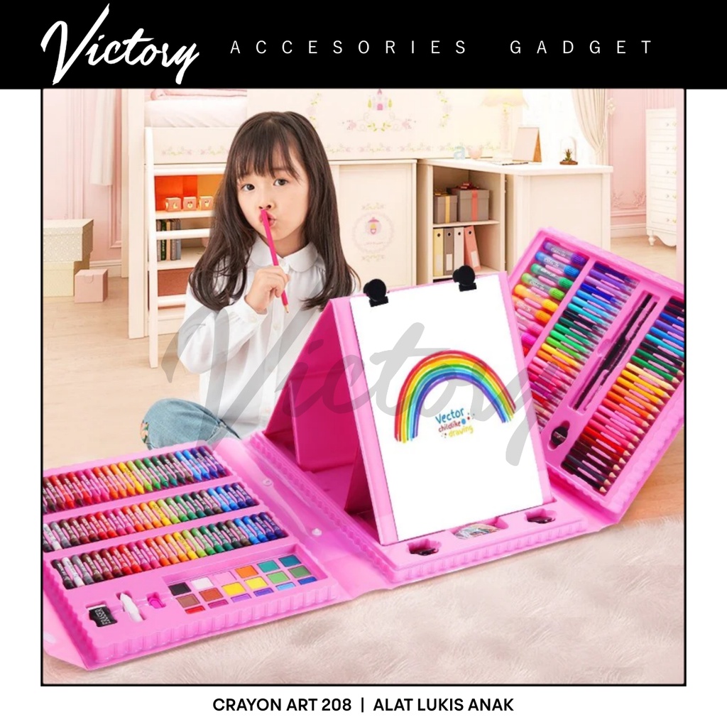 VICTORY Crayon Anak Pengasah 208pcs Set Alat Menggambar Melukis Anak-anak Crayon Cat Air Pensil