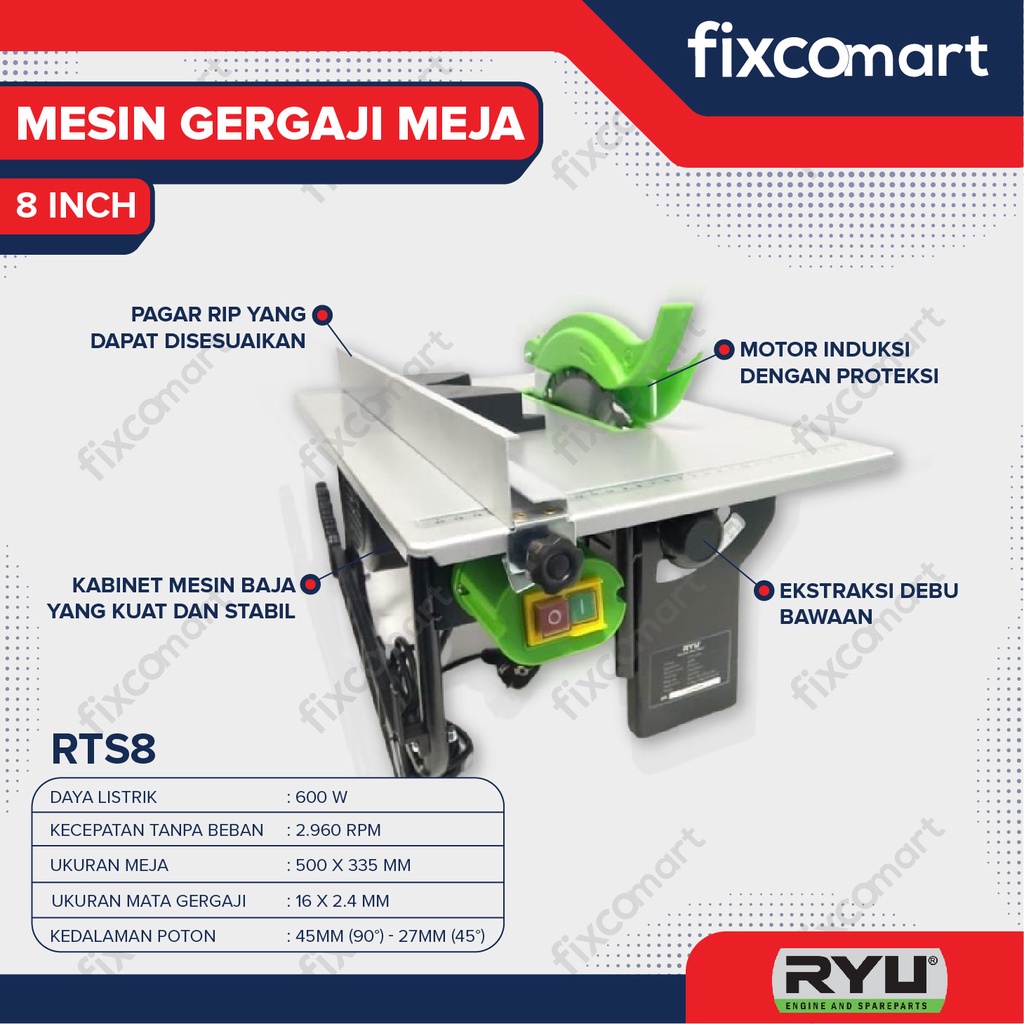 RYU Table Saw 8 Inch Ryu Rts 8 600W Mesin Gergaji Meja Circular Saw 8 Inch