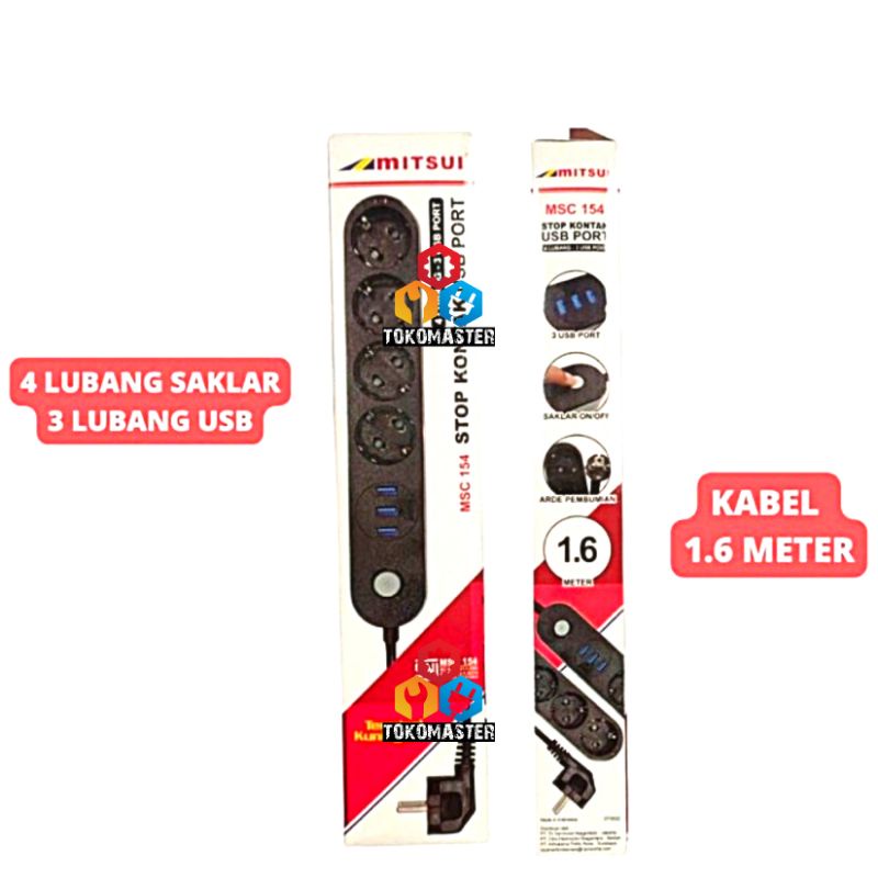 Stop Kontak + USB Colokan Set Kabel 4 Lubang AC 3 USB Mitsui MSC 154 USB Port Terminal Smart Power On Off Adapter