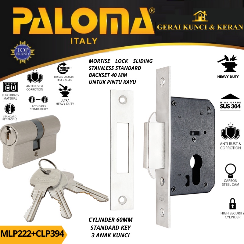 PALOMA MORTISE LOCK CYLINDER MLP 222 CLP 394 BODY KUNCI SLIDING BACKSET 40MM CYLINDER 60MM