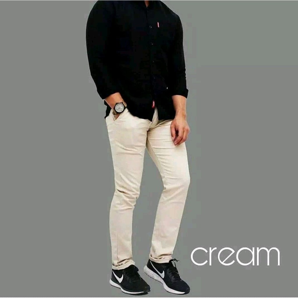 CELANA CHINO Panjang Pria Slimfit Santai Casual Formal Hitam Abu Cream Mocca Size 27-32