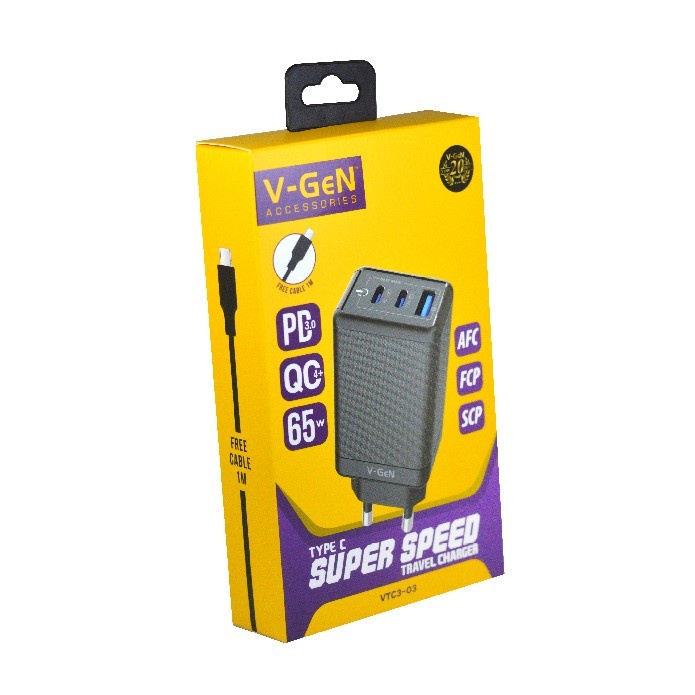 Adaptor Travel Charger V-GeN VTC3-03 Fast Charging 2 PD QC4 Type C 65W