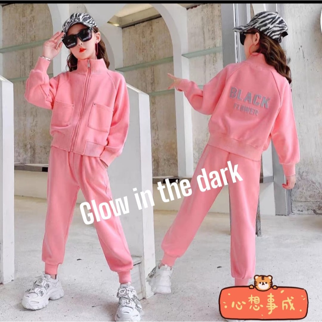 Qiana fashionkids / Setelan jaket anak perempuan import pink glow in the dark / setelan lengan panja