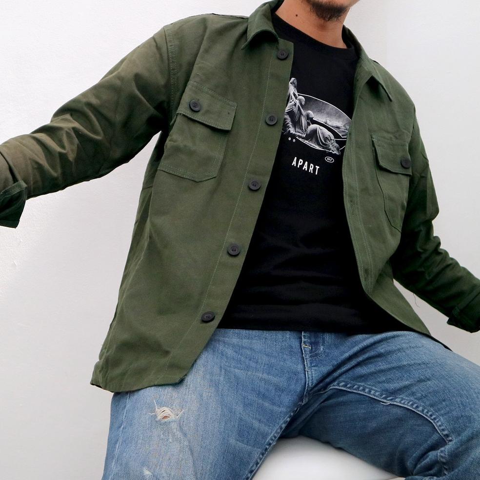 SALE TERBATAS "ARTHUR" JAKET KANVAS / SEMI PARKA / JAKET TRUCKER KANVAS - 2 POCKET - GREEN ARMY