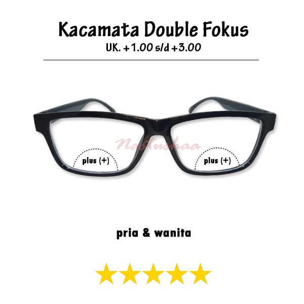 Kacamata Baca Plus 2 Fungsi Ukuran +1.00 s/d +3.00 Wanita Pria Model Frame Hitam Rabun Dekat kaca mata plus reading glasses double fokus NOCASE