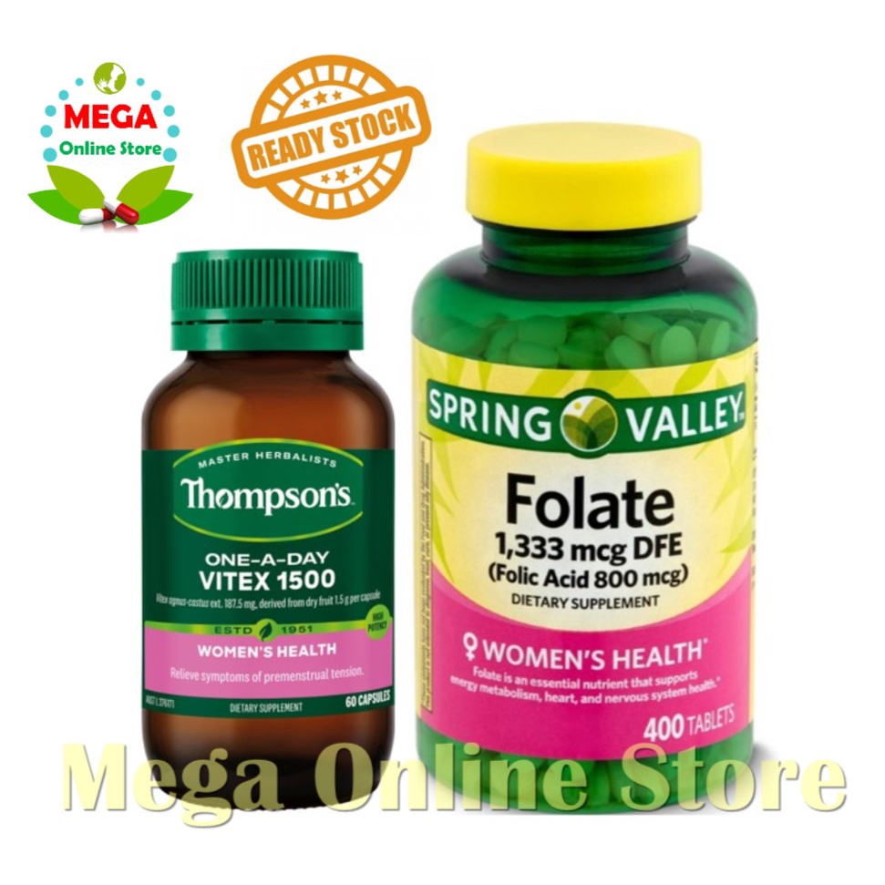 Paket Thompson Vitex 1500 mg + Spring Valley Folate 800 mcg (utk PCOS)