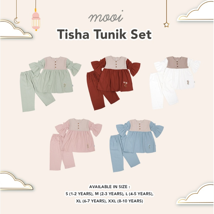 Mooi Tisha Tunik Set 1-10 Tahun Tunik Raya / Setelan Tunik Lebaran Anak Perempuan Seri Keluarga Pakaian Muslim CBKS