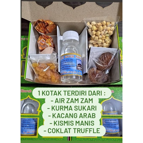 PAKET GIFT OLEH OLEH HAJI DAN UMROH AIR ZAM ZAM KURMA KISMIS KACANG ARAB COKLAT