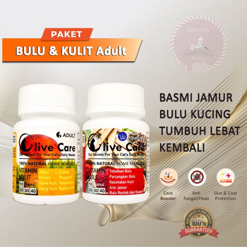 Olive Care Vitamin Kucing Paket BULU RONTOK &amp; MASALAH KULIT DEWASA untuk Bulu Rontok akibat Jamur, Kutu, Scabies, Ringworm dan Pertumbuhan Bulu Baru SweetyPetshop