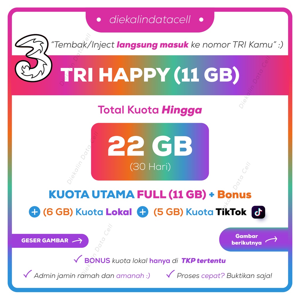 KUOTA TRI HAPPY 11GB 30 HARI TEMBAK/INJECT PAKET DATA Tri Indosat - Murah Ramah Amanah