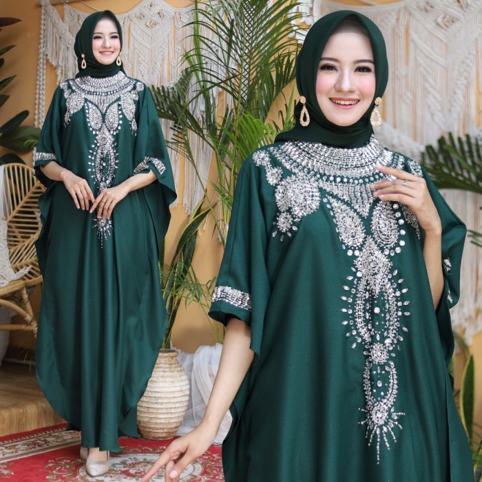 Kaftan Manik Premium - Hijau Botol (H6N1) Jumbo Terbaru Kaftan Dress Bordir Gold Kaftan Batik Ceruti