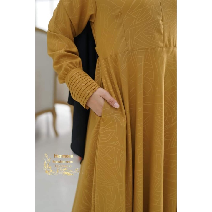 [Gamis Hermosa] Gamis hermosa Yoris caltri embos motif abstrak mustard-gamis mustard-gamis kuning