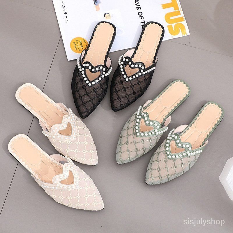 [✅BISA COD] #Sisjuly# Sandal wanita jala bernapas sepatu datar seratus mutiara runcing paket kepala