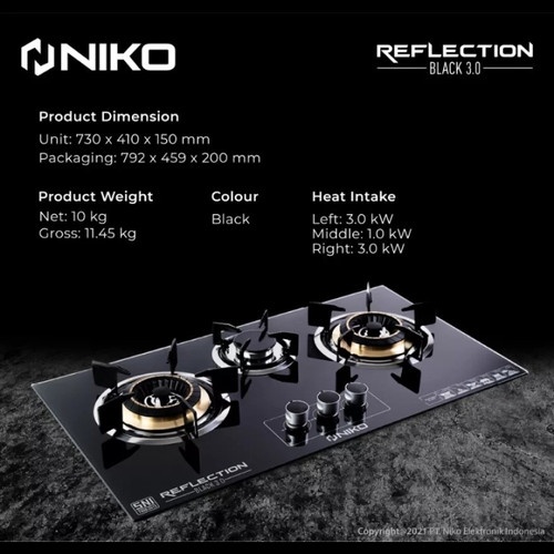 NIKO Kompor Gas Tanam 2 Tungku Kaca Reflection Black 2.0 - Garansi 1 Tahun