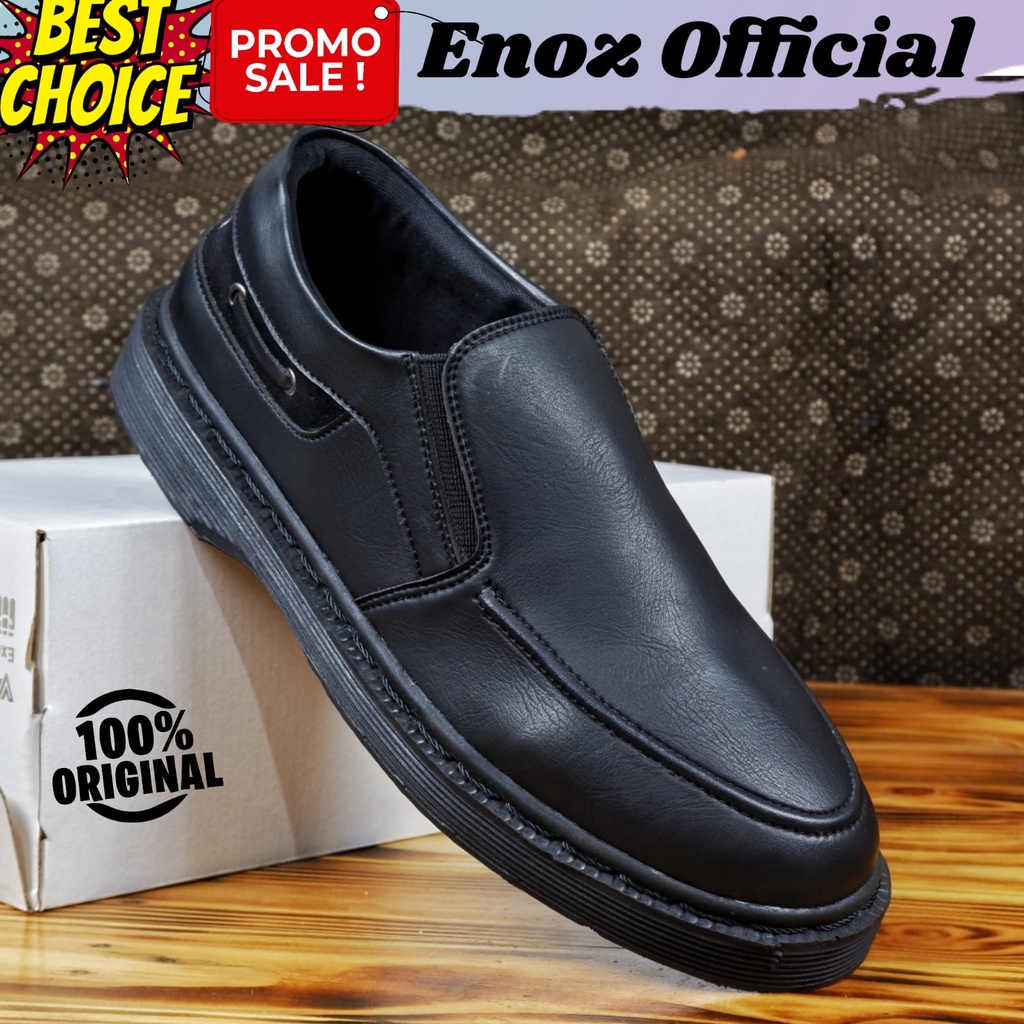 Sepatu Penny Loafers Pria Hitam Casual Formal Kulit PU Sintetic Faux Premium Slip on Slop Enoz Nitro Black