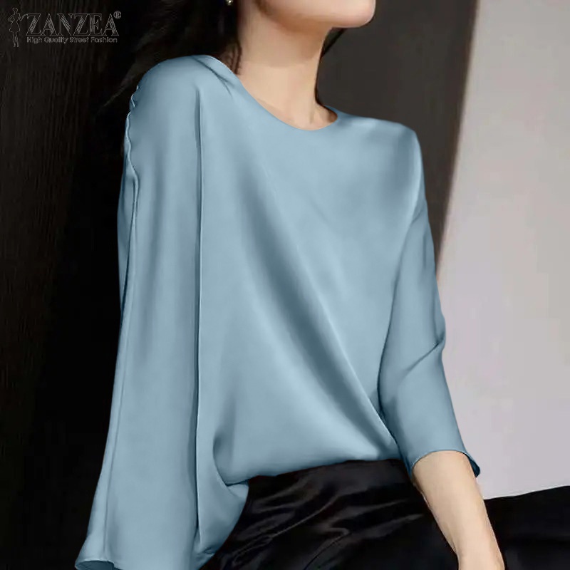 ZANZEA Women Korean Fashion Three Quarter Sleeve Satin Loose Blouse