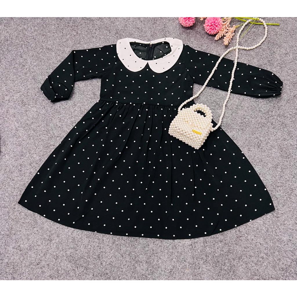 Jimmedy.id - Dress Anak Perempuan Polkadot Lengan Panjang Bahan Woolpeach Untuk Anak Usia 3-9 Tahun