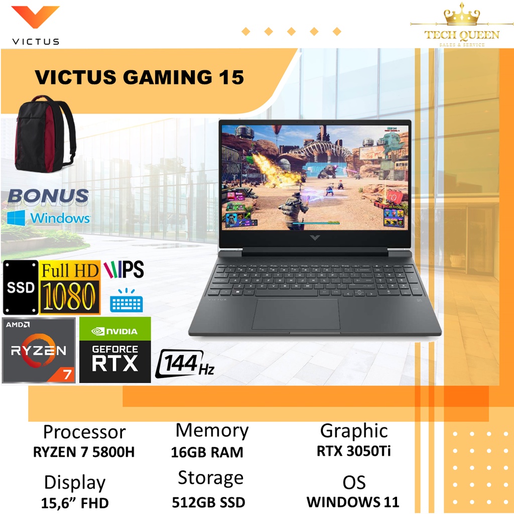 HP VICTUS GAMING 15 FB0012AX - RTX3050TI 4GB RYZEN 7 5800H 16GB 512SSD WINDOWS 11+OHS 15.6 INCHI FHD 144HZ BLIT 2YR+ADP SLV