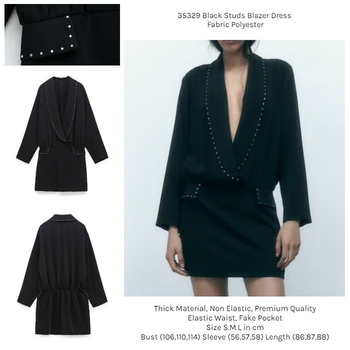 35329 Blazer Dress Hitam Baju Kerja Wanita Black Studs Blazer Dress