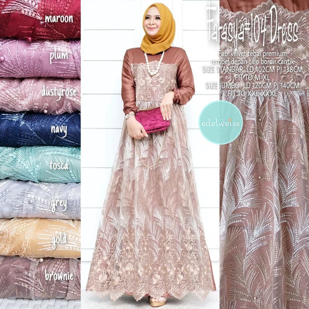 Dress Remaja Muslimah Farasya #104 Gamis Kondangan Jumbo Wanita xxxl Ld 130cm Bahan Velvet Tebal Premium Dress Brukat Tile Mutiara Gaun Pesta Resepsi Pernikahan Outfit Bridesmaid Gamis Lebaran Anak Perempuan Terbaru